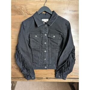 Idyllwind Trucker Jacket Women L Black Denim Fringe Long Sleeve Button Front NWT